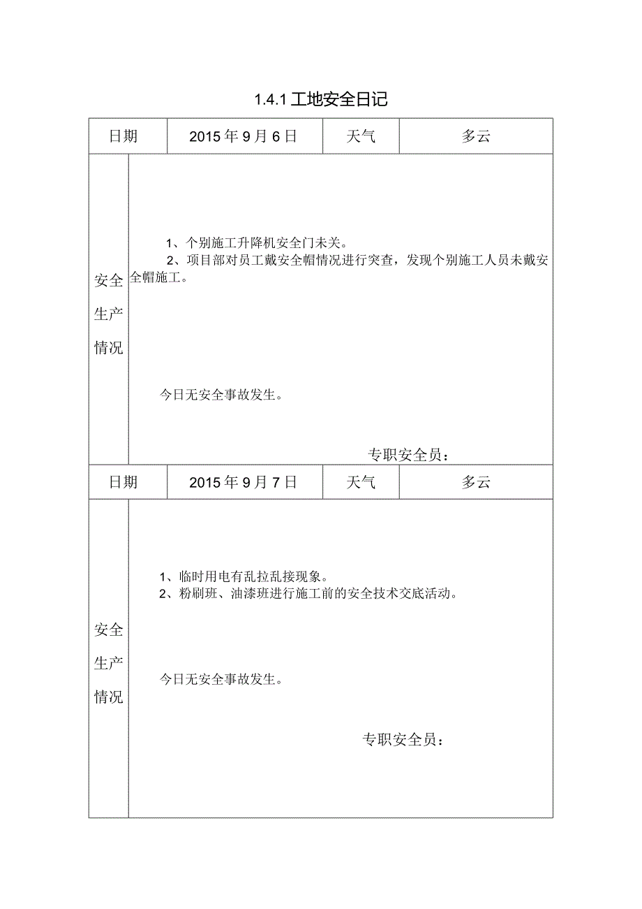 [施工资料]工地安全日记(14).docx_第1页