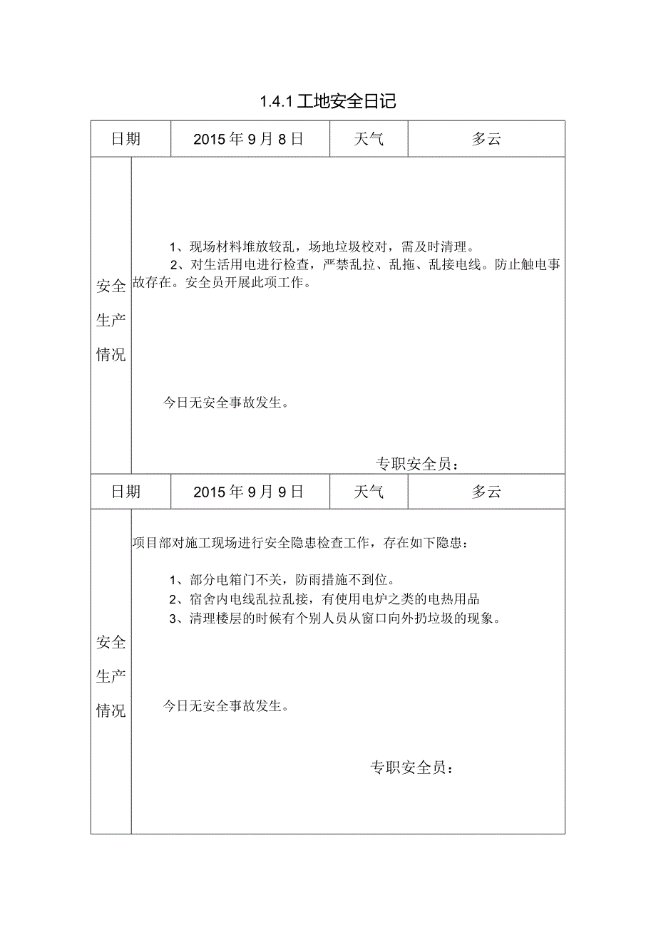 [施工资料]工地安全日记(15).docx_第1页