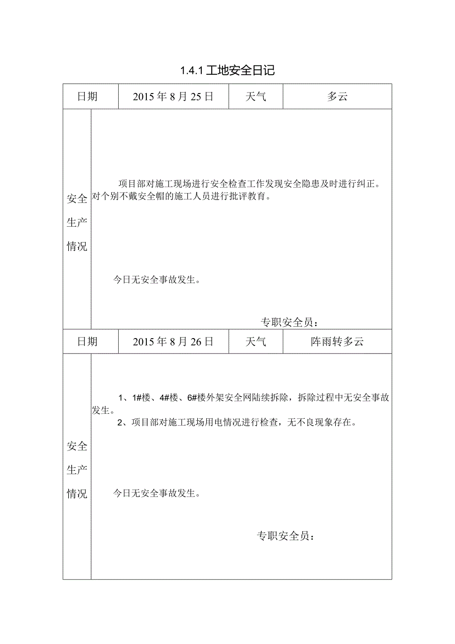 [施工资料][安全台账]工地安全日记.docx_第1页