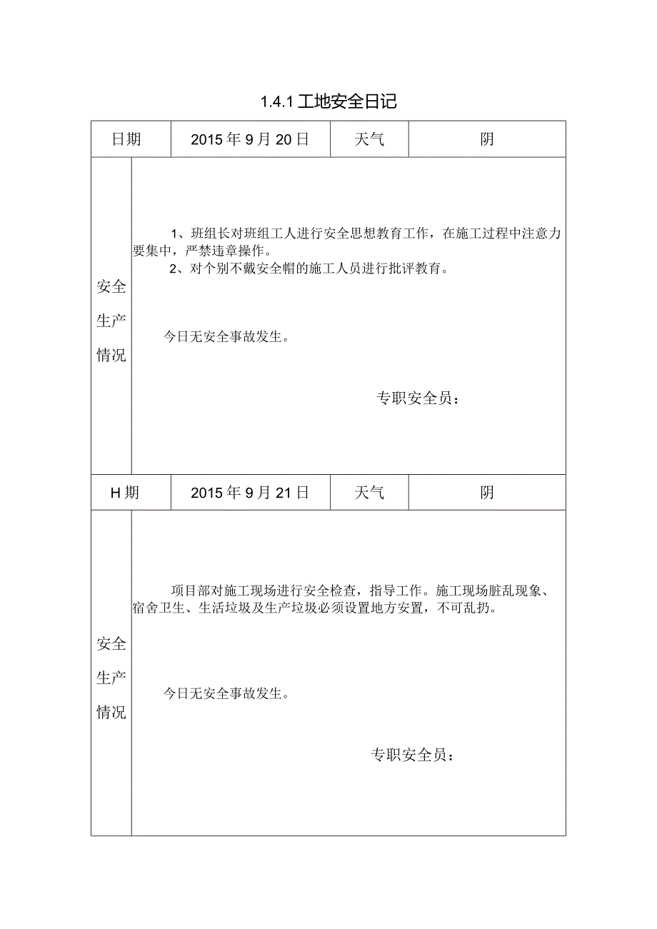 [施工资料]工地安全日记(20).docx_第1页