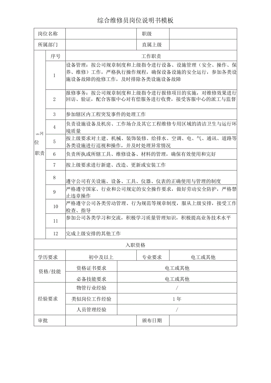 综合维修员岗位说明书模板.docx_第1页