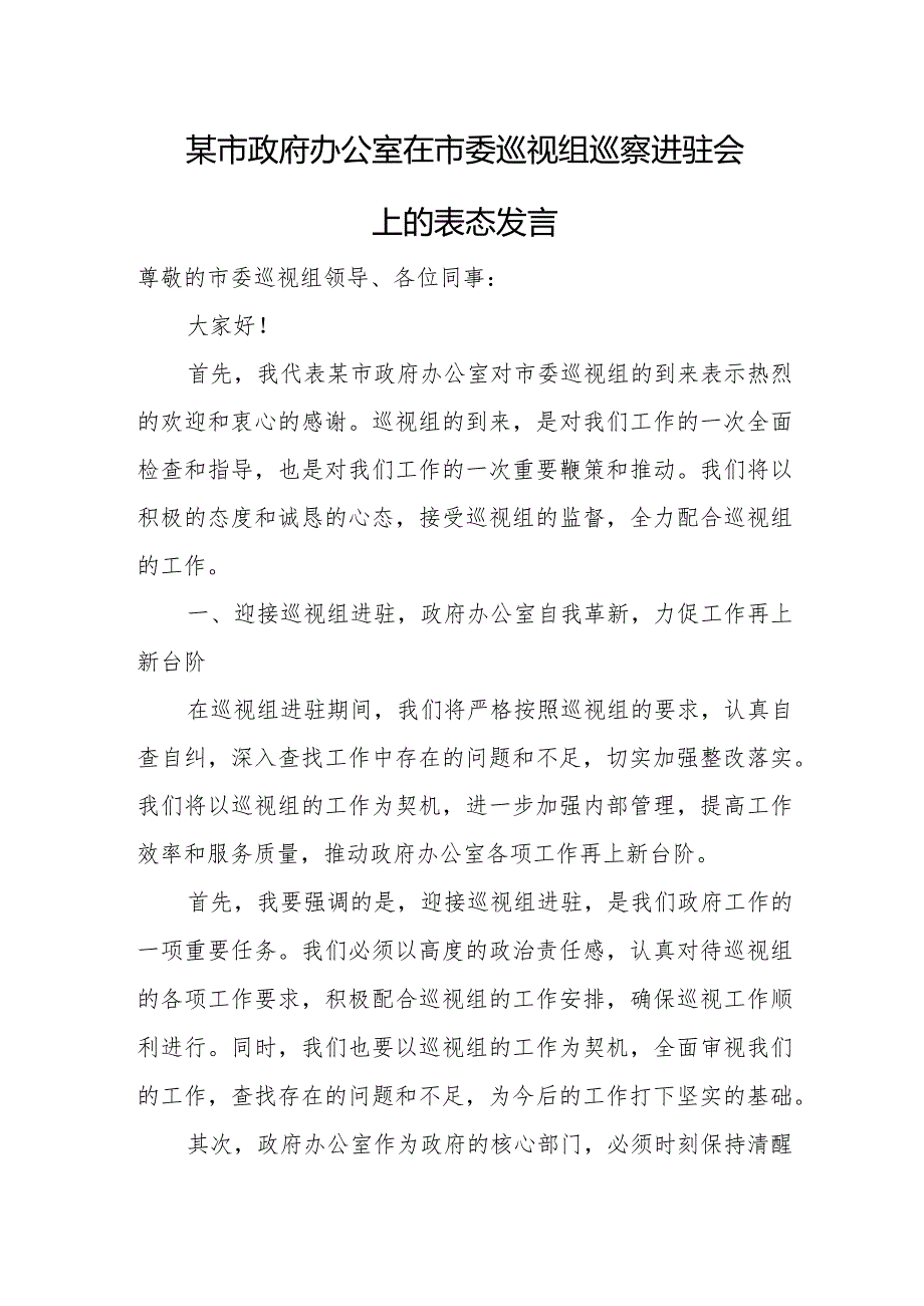 某市政府办公室在市委巡视组巡察进驻会上的表态发言.docx_第1页