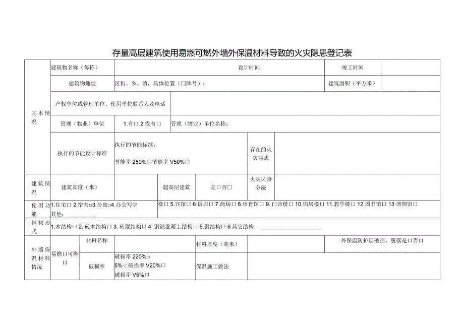 存量高层建筑使用易燃可燃外墙外保温材料导致的火灾隐患登记表.docx_第1页