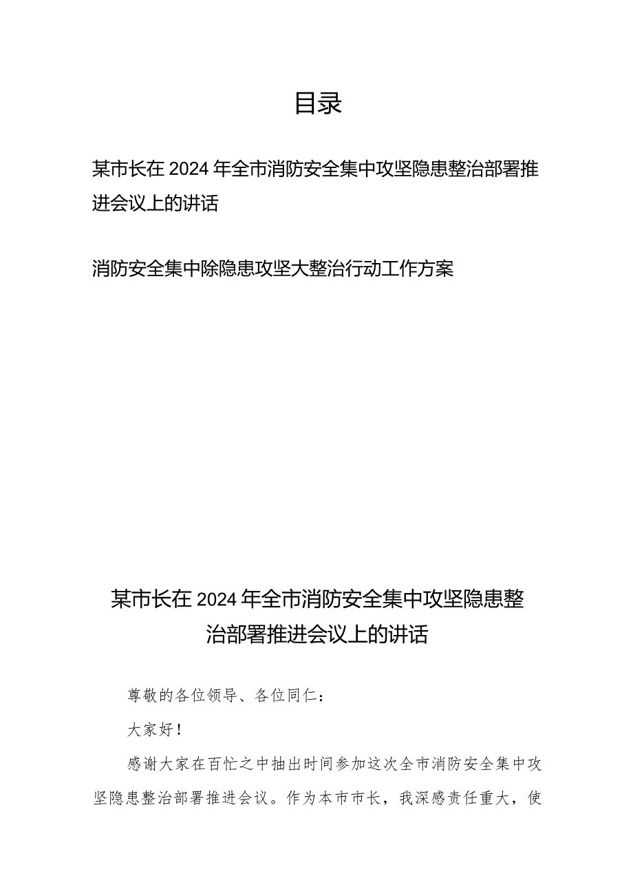 在2024年全市消防安全集中攻坚隐患整治部署推进会议上的讲话工作方案.docx_第1页