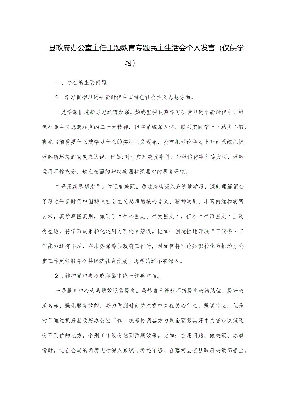 县政府办公室主任主题教育专题民主生活会个人发言.docx_第1页