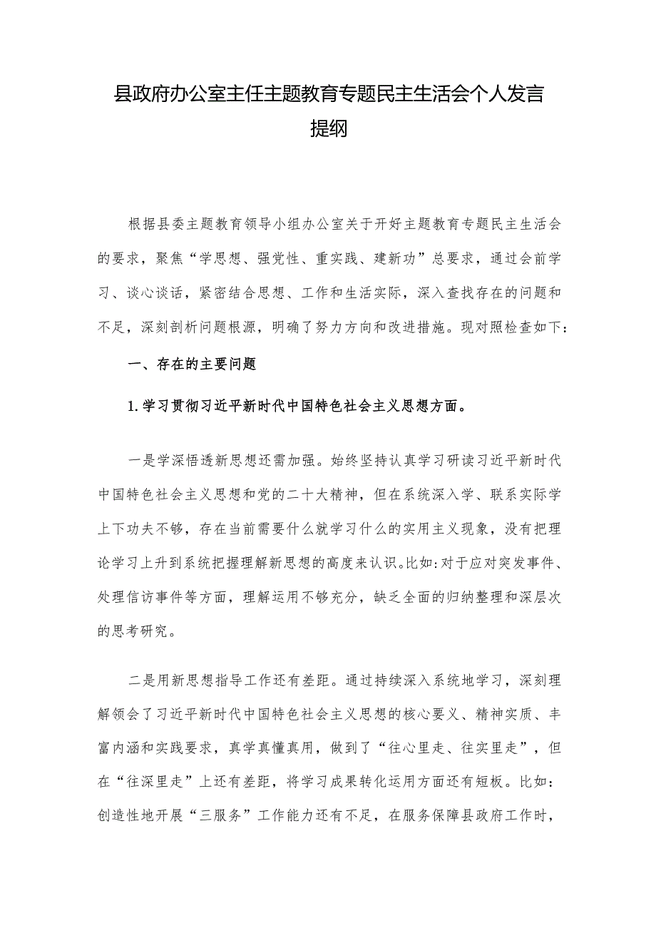 县政府办公室主任主题教育专题民主生活会个人发言提纲.docx_第1页