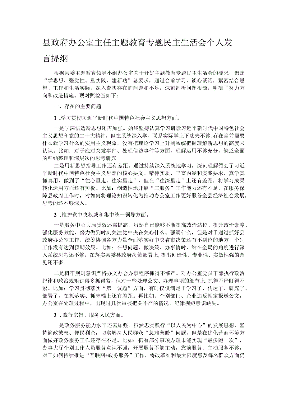 县政府办公室主任主题教育专题民主生活会个人发言提纲.docx_第1页