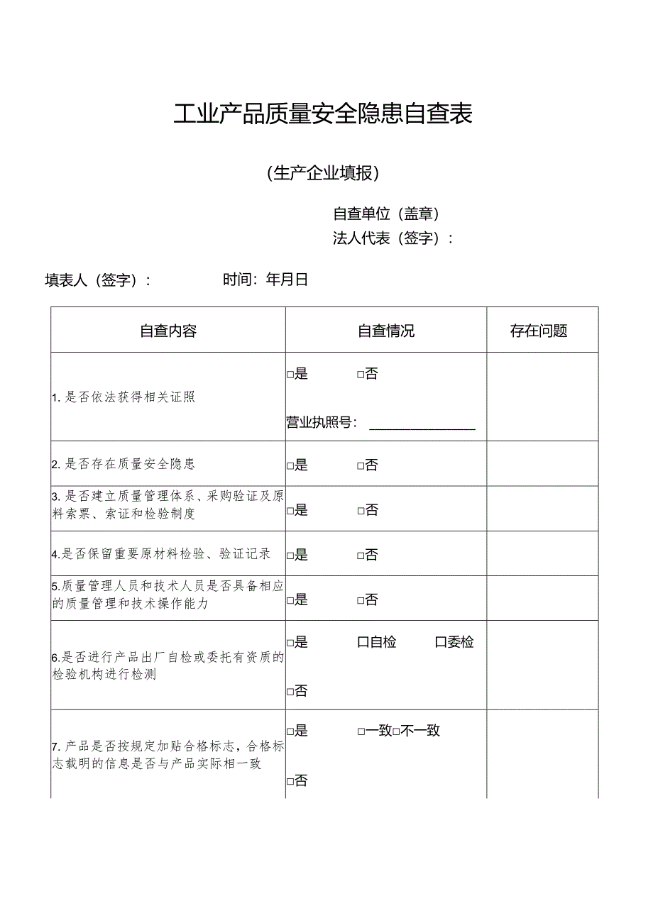 工业产品质量安全隐患自查表(生产企业).docx_第1页