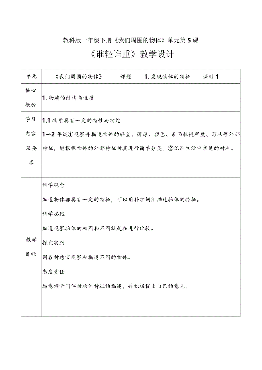 1-1《发现物体的特征》教学设计教科版科学一年级下册.docx_第1页