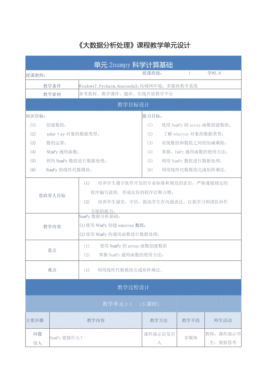 《大数据分析处理》教案-单元设计单元2-numpy科学计算基础.docx_第1页