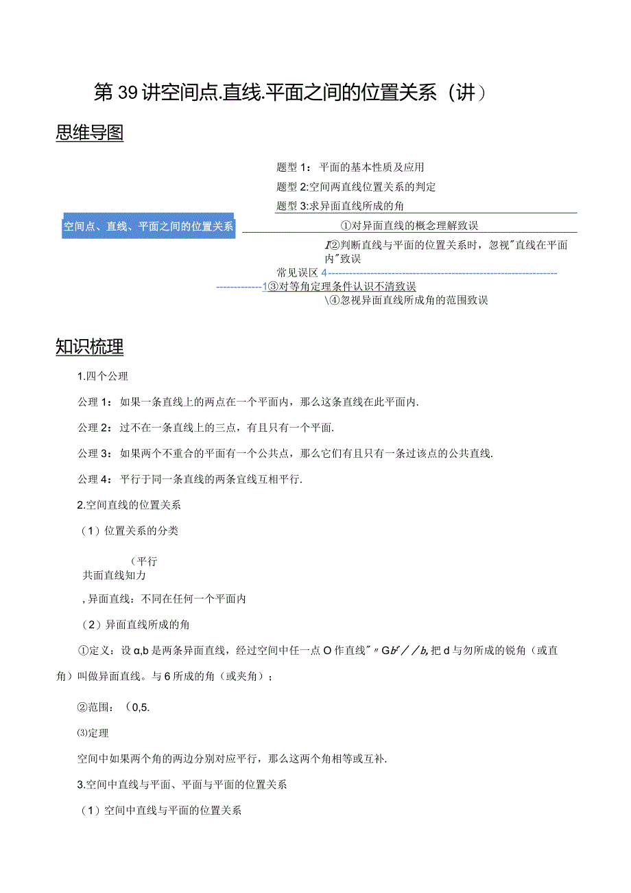 第39讲空间点、直线、平面之间的位置关系（讲）（教师版）.docx_第1页