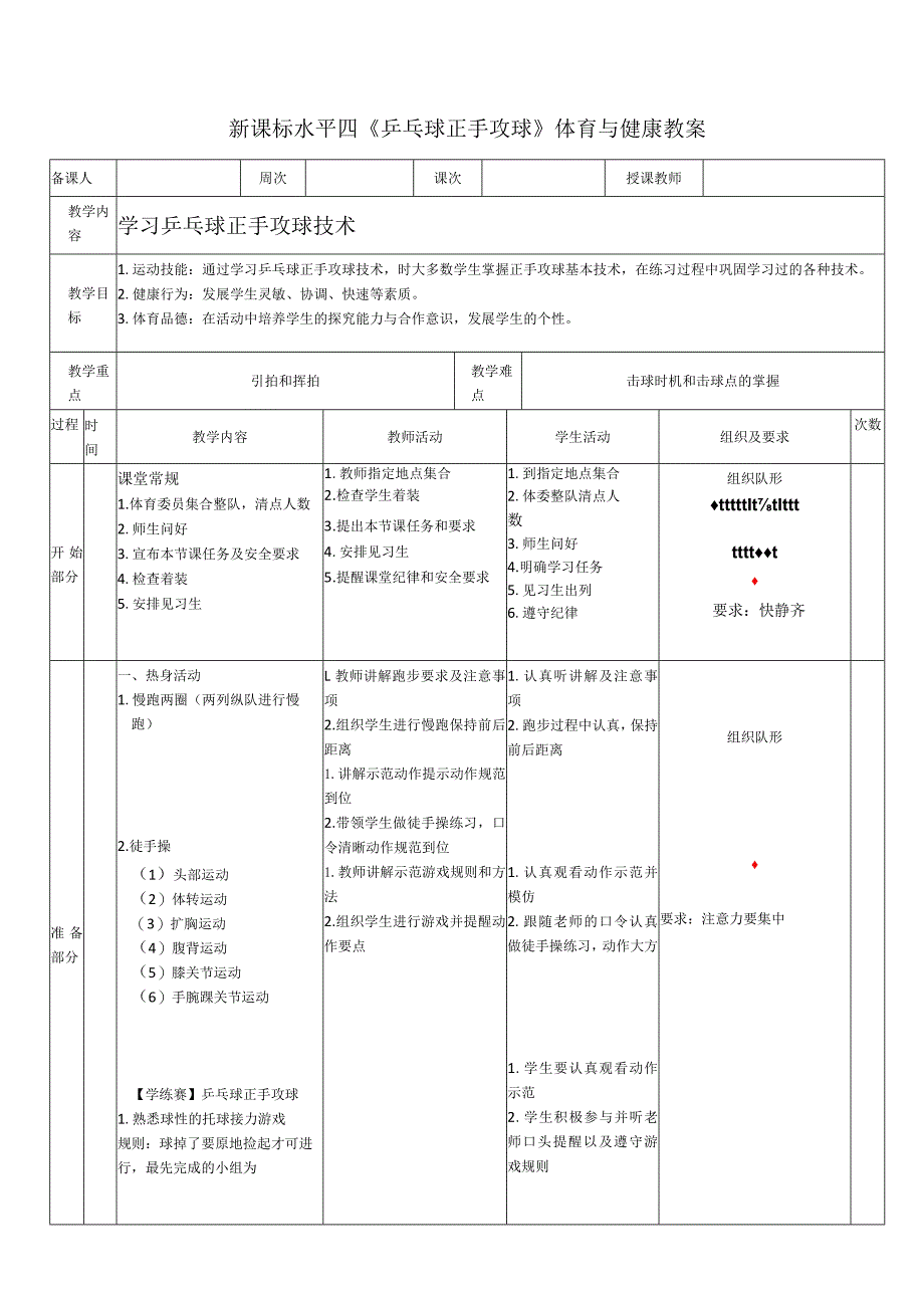 32《乒乓球正手攻球》教案模板.docx_第1页