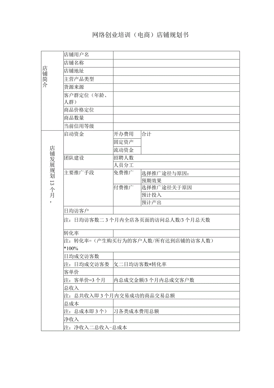 网络创业培训(电商)店铺规划书.docx_第1页