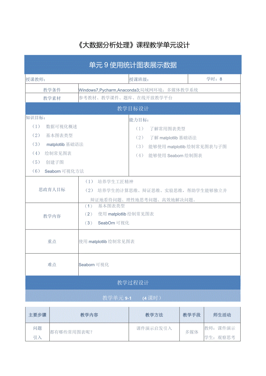 《大数据分析处理》教案-单元设计单元9-使用统计图表展示数据.docx_第1页