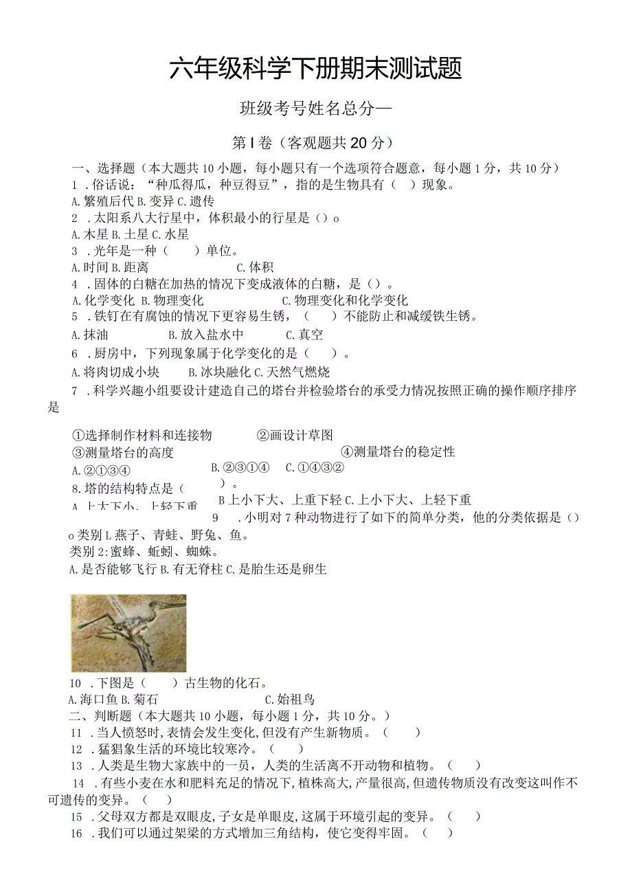 小学科学教科版六年级下册期末测试题3（2024春）（附参考答案）.docx_第1页