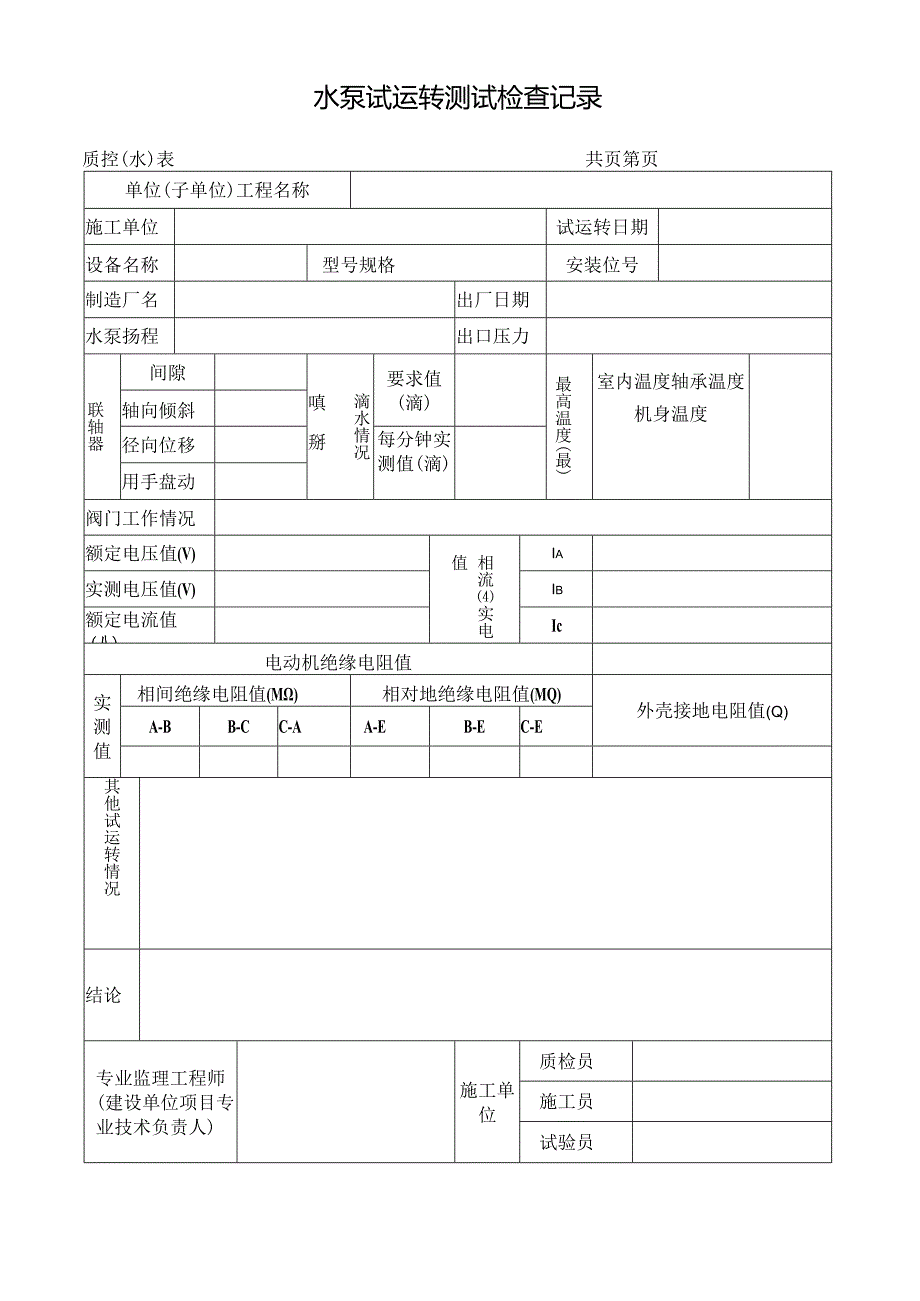 水泵试运转测试检查记录.docx_第1页