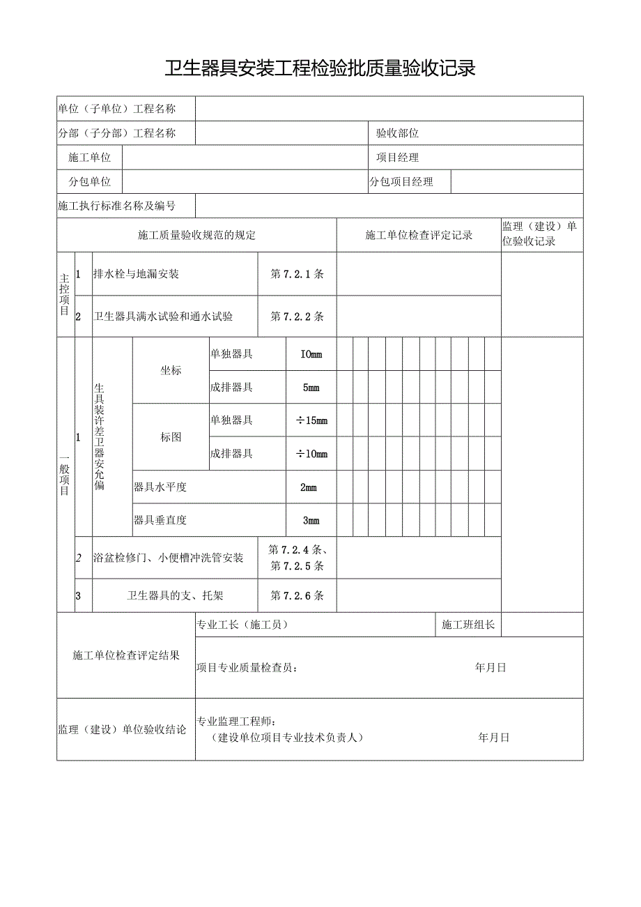 卫生器具安装工程检验批质量验收记录.docx_第1页