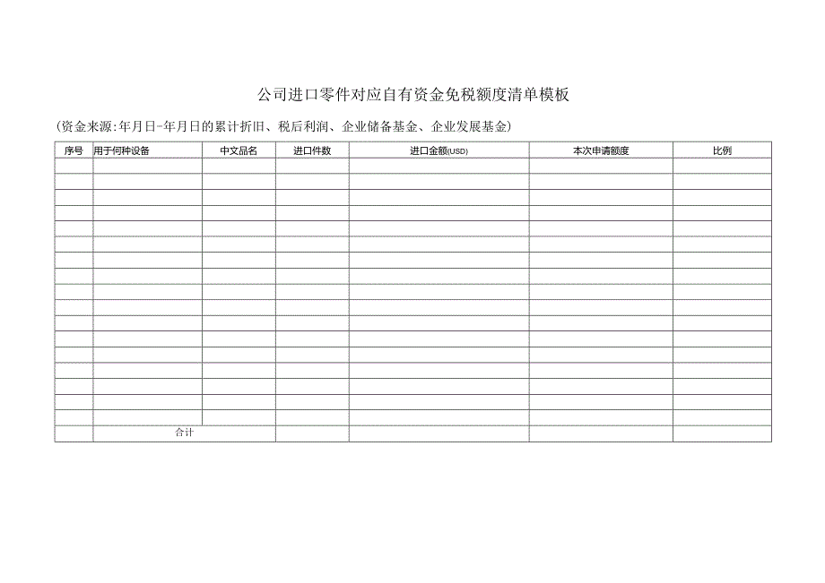 ___公司进口零件对应自有资金免税额度清单模板.docx_第1页