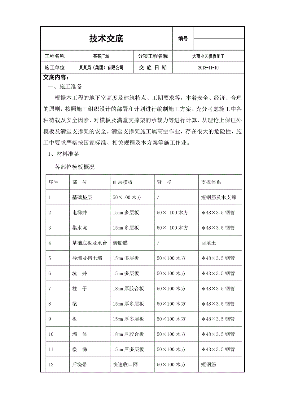 万达商业区模板施工技术交底.doc_第1页