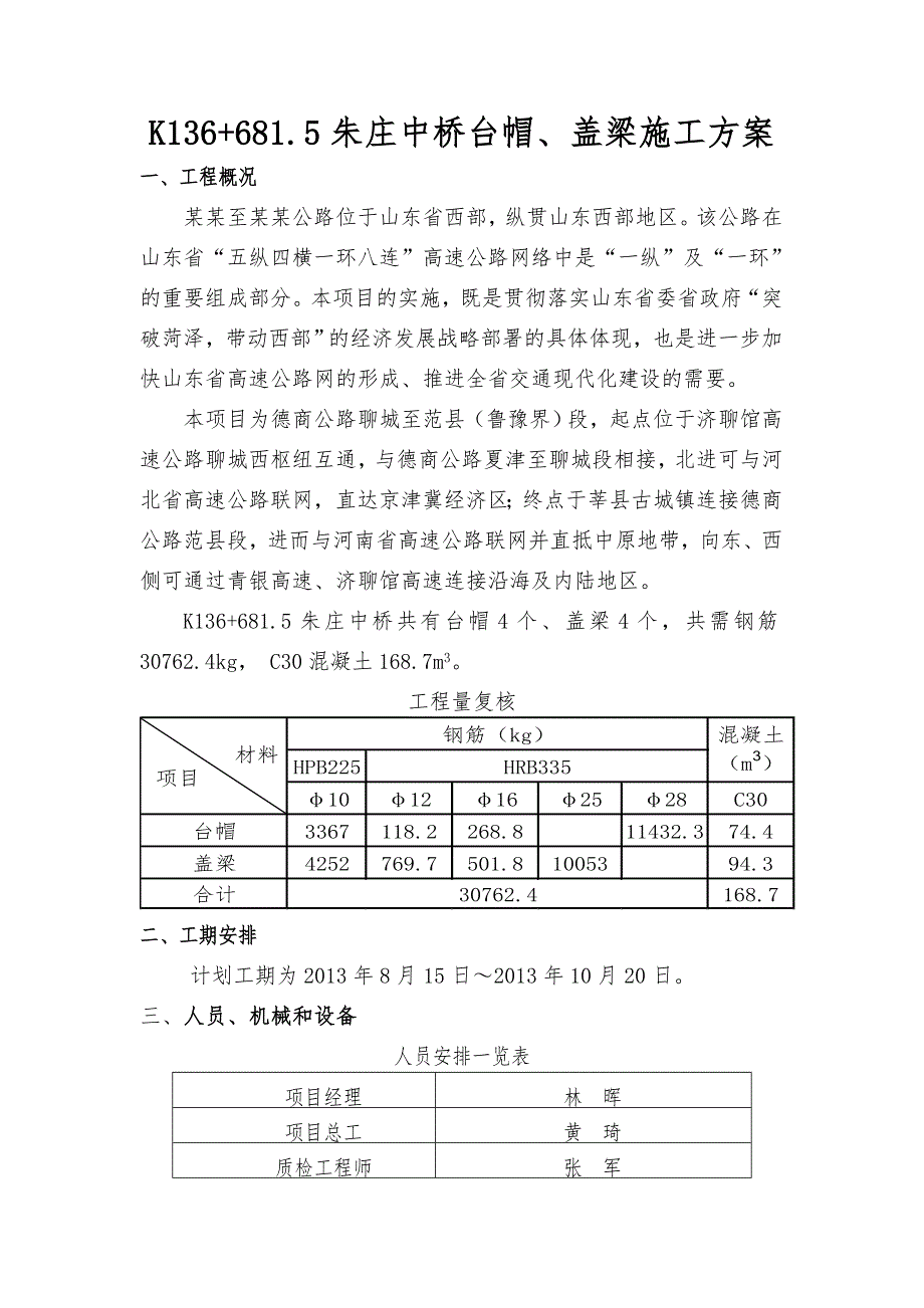 山东某高速公路合同段中桥台帽及盖梁施工方案.doc_第1页