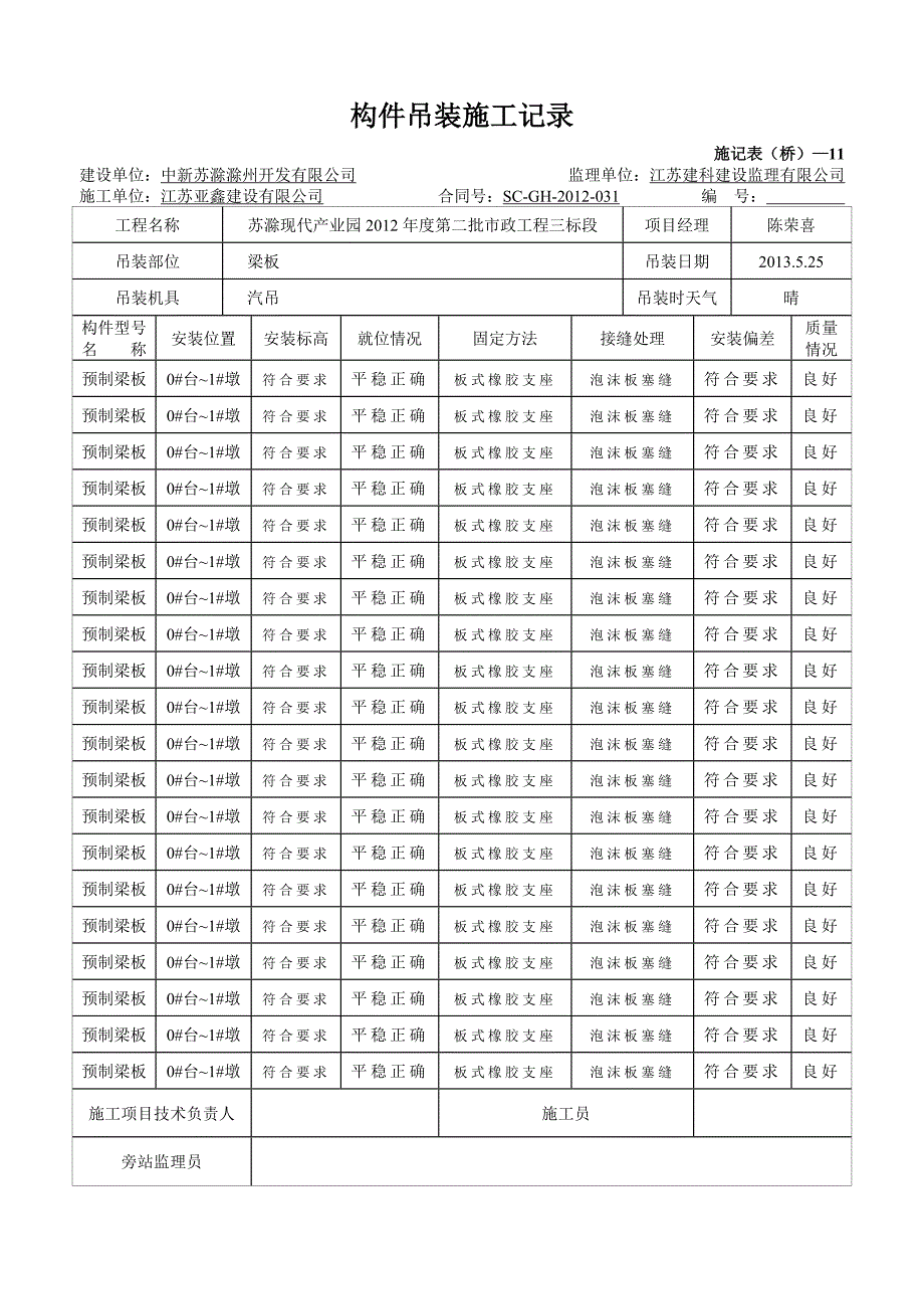 江苏某产业园市政工程构件吊装施工记录(预制梁板).doc_第2页