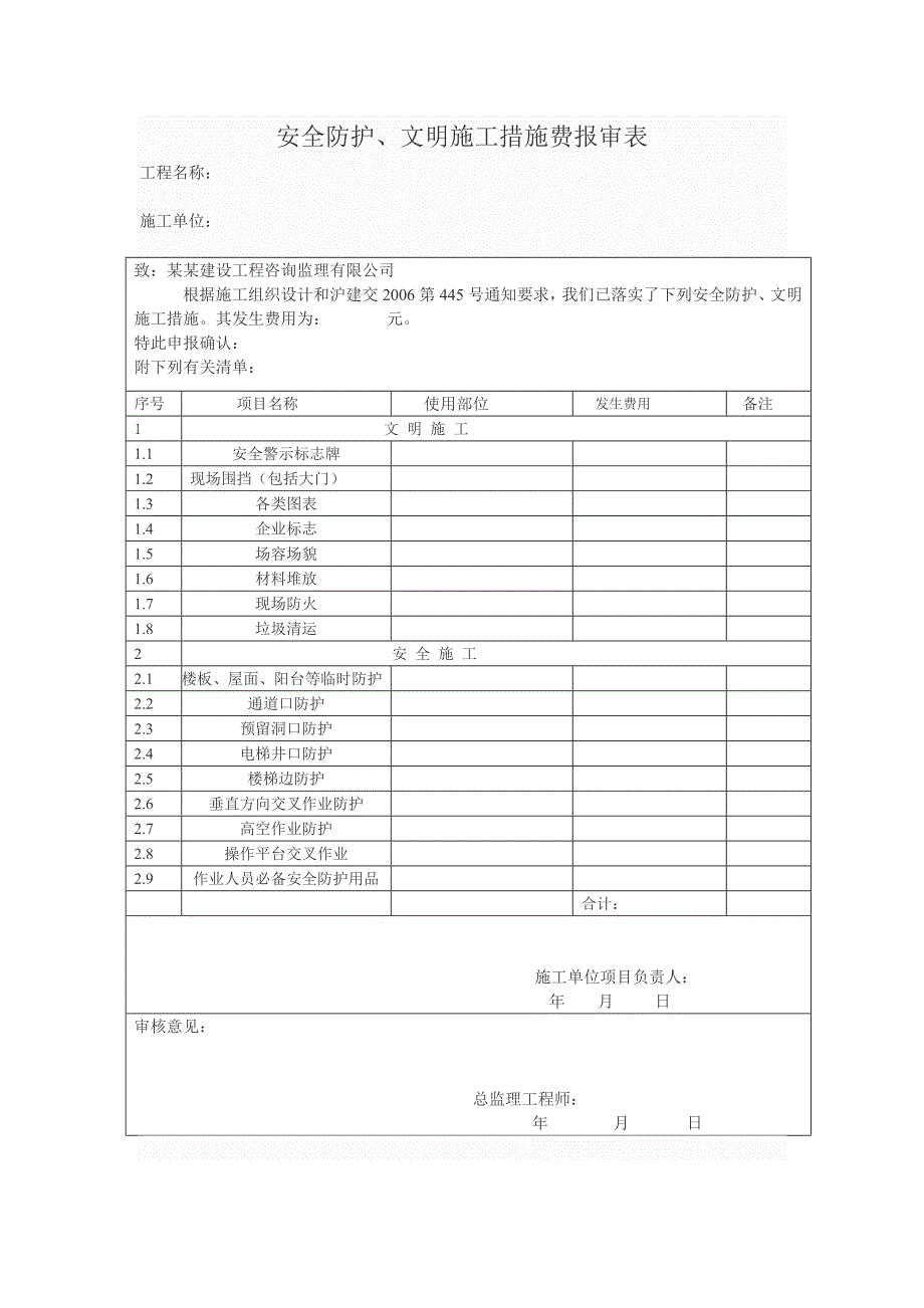 安全防护、文明施工措施费报审表.doc_第1页