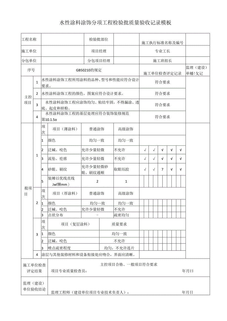 水性涂料涂饰分项工程检验批质量验收记录模板.docx_第1页