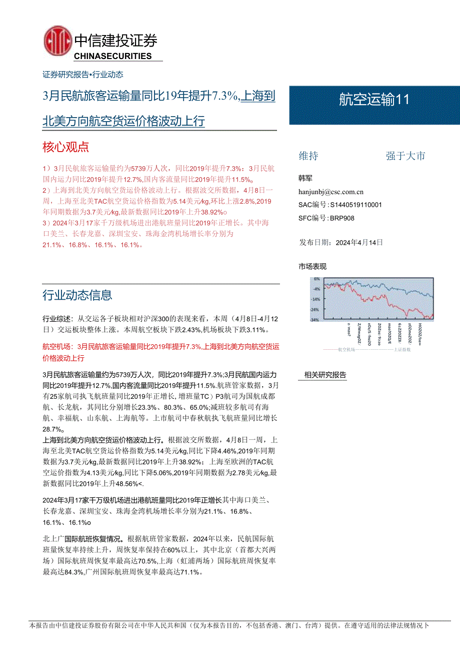 【旅游文旅报告】航空运输Ⅱ行业：3月民航旅客运输量同比19年提升7.3%25上海到北美方向航空货运价格波动上行-240414-中信建投.docx_第1页