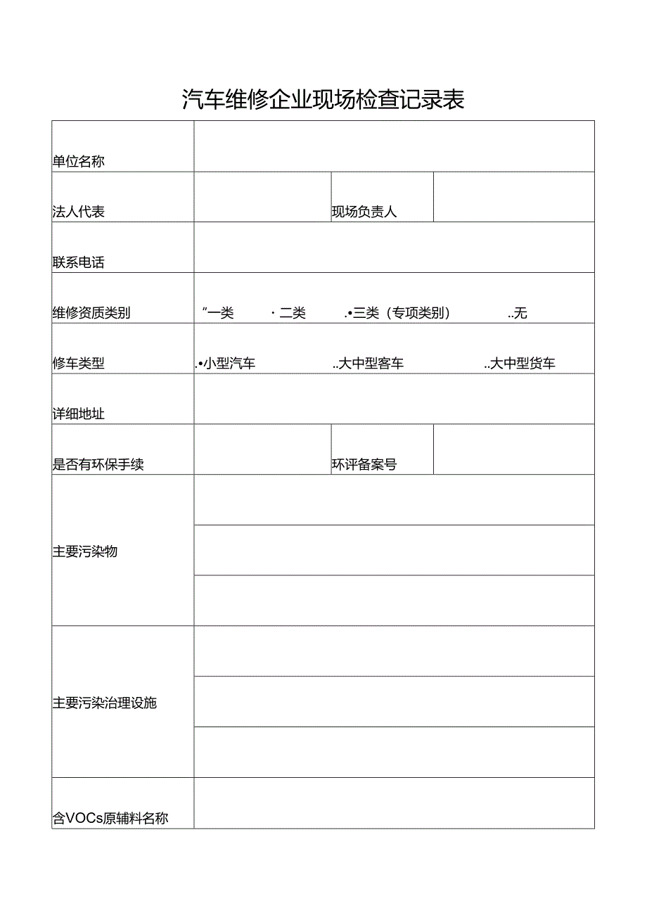 汽车维修企业现场VOCS治理检查记录表.docx_第1页