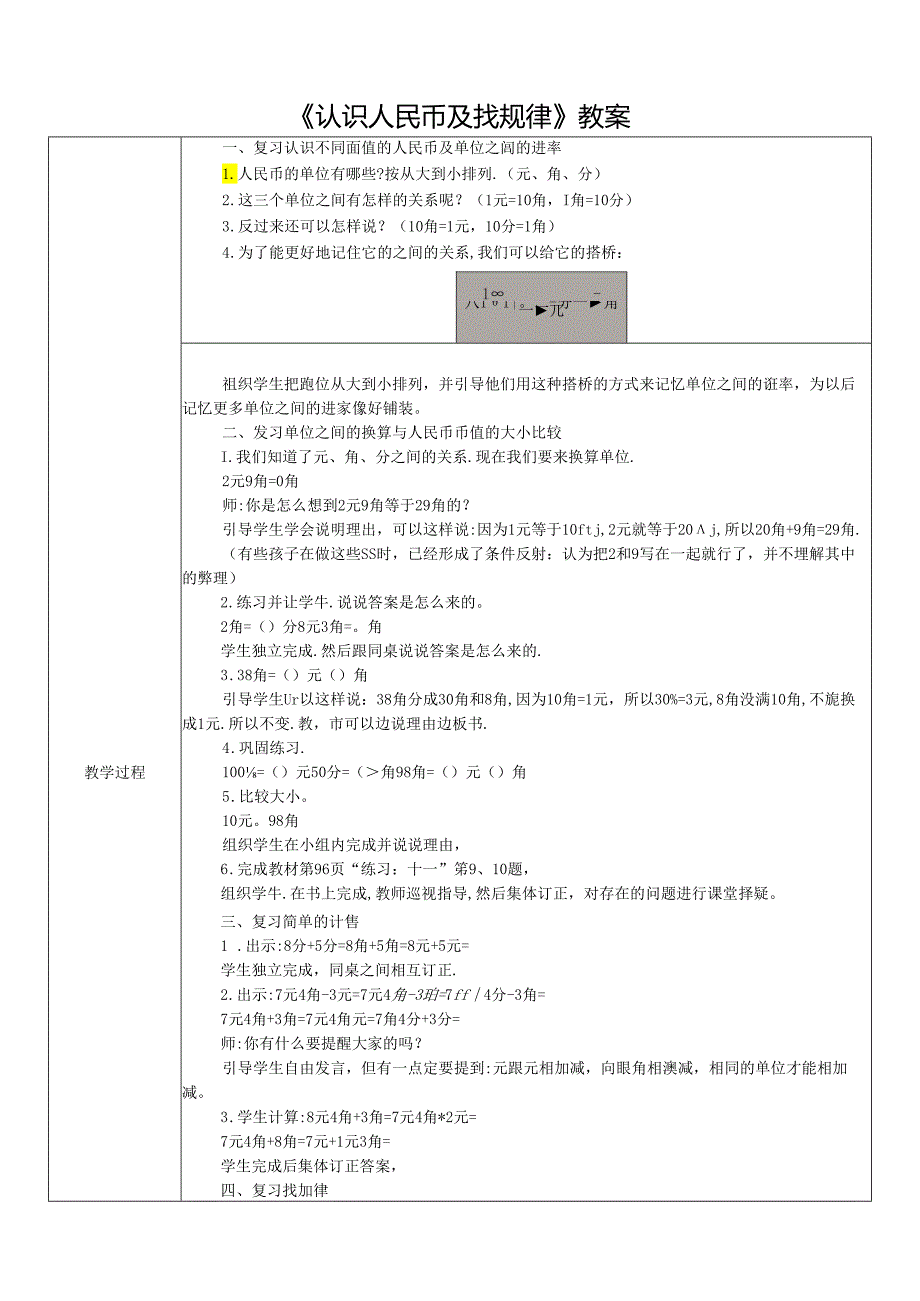 《认识人民币及找规律》教案.docx_第1页