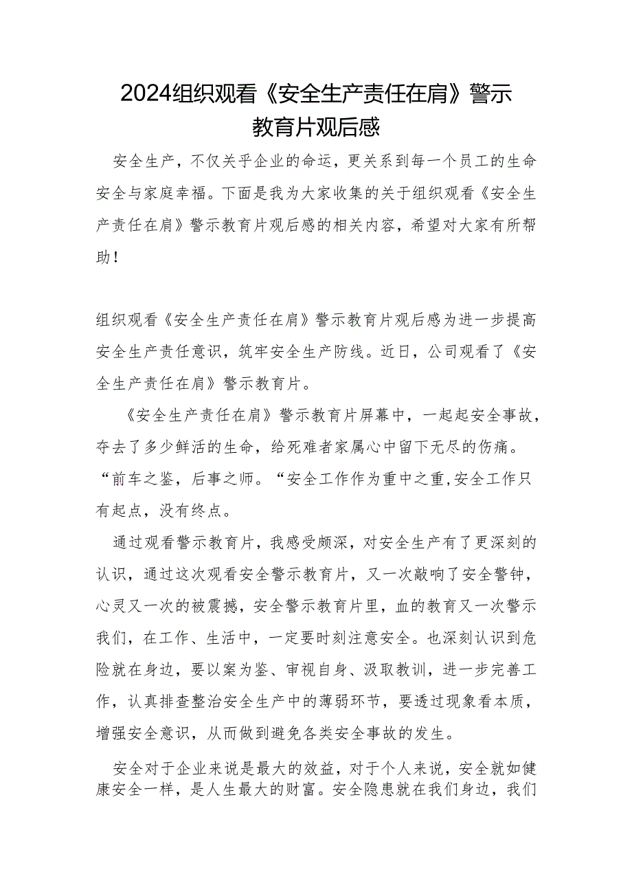 2024组织观看《安全生产责任在肩》警示教育片观后感.docx_第1页