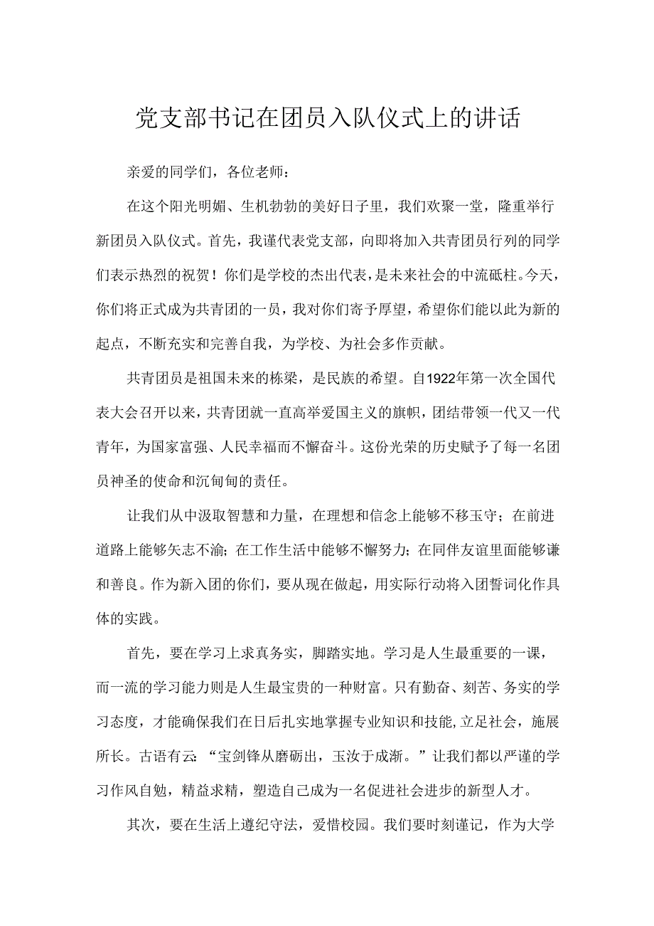 党支部书记在团员入队仪式上的讲话.docx_第1页