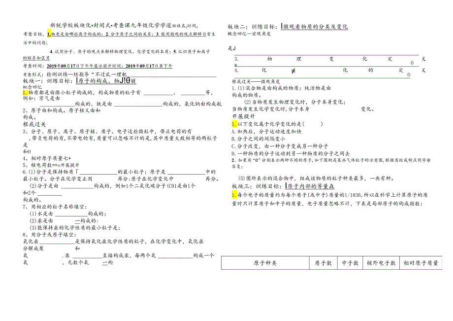 人教版九年级分子和原子及其原子结构训练专题学案（无答案）.docx_第1页