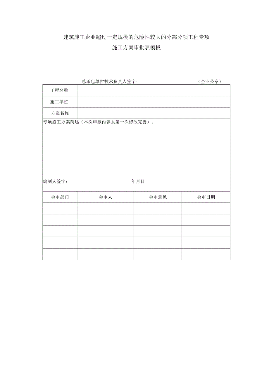 建筑施工企业超过一定规模的危险性较大的分部分项工程专项施工方案审批表模板.docx_第1页