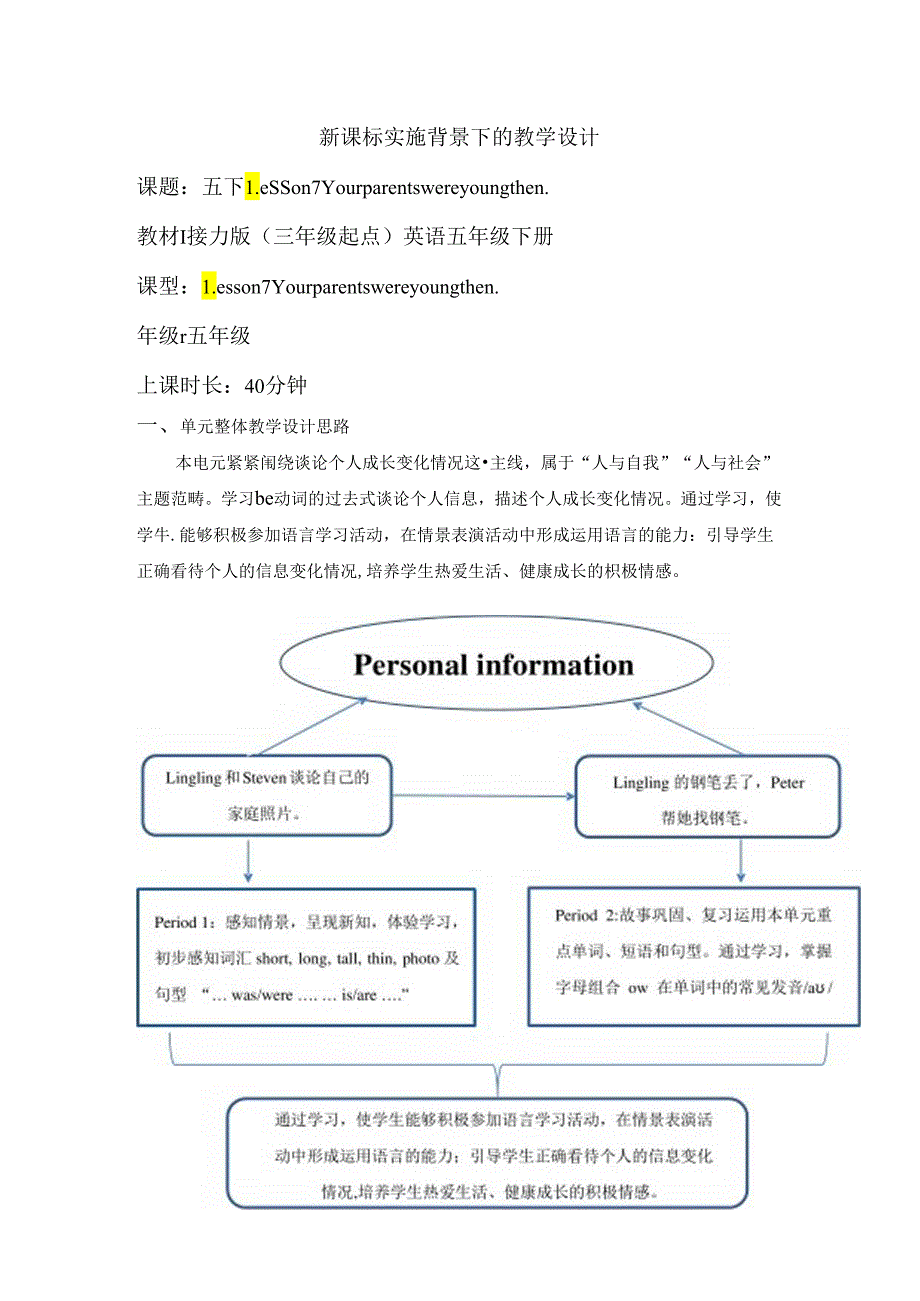 接力版五下 Lesson 7 Period 1单元教学设计.docx_第1页