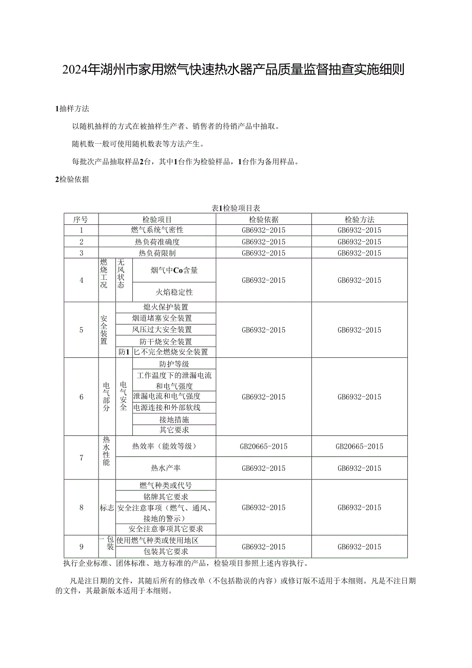 2024年湖州市家用燃气快速热水器产品质量监督抽查实施细则.docx_第1页