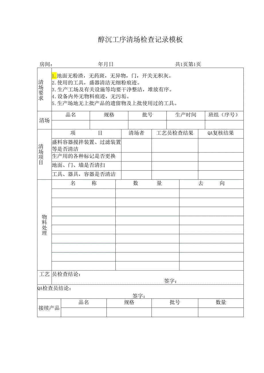 醇沉工序清场检查记录模板.docx_第1页