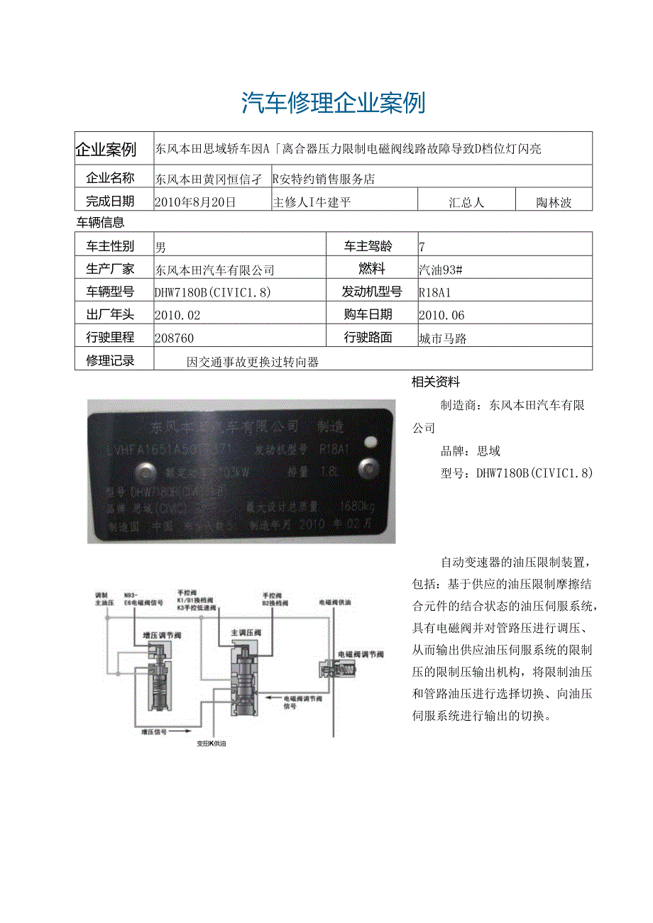 3--东风本田思域轿车因AT离合器压力控制电磁阀线路故障导致讲解.docx_第1页