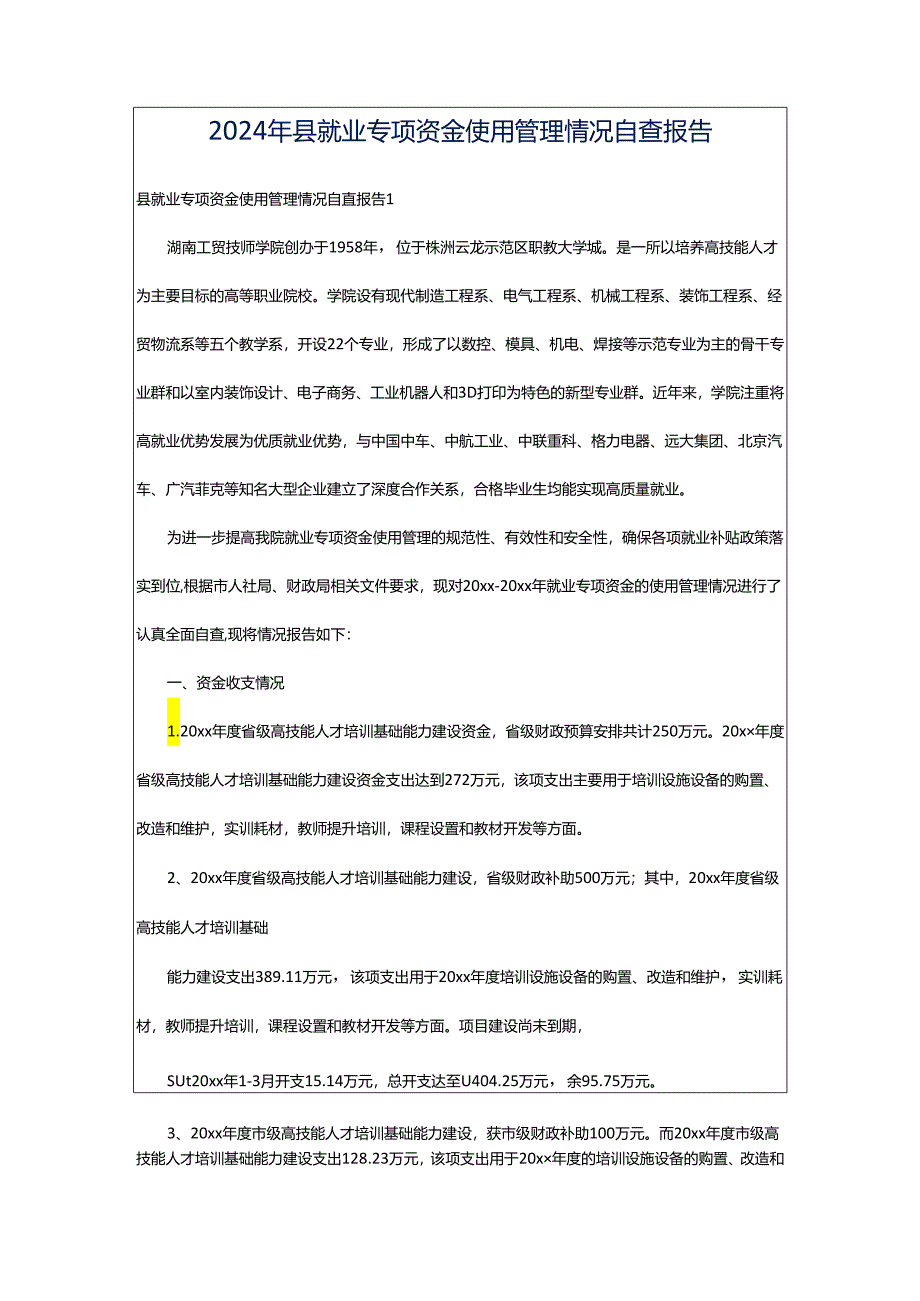 2024年县就业专项资金使用管理情况自查报告.docx_第1页