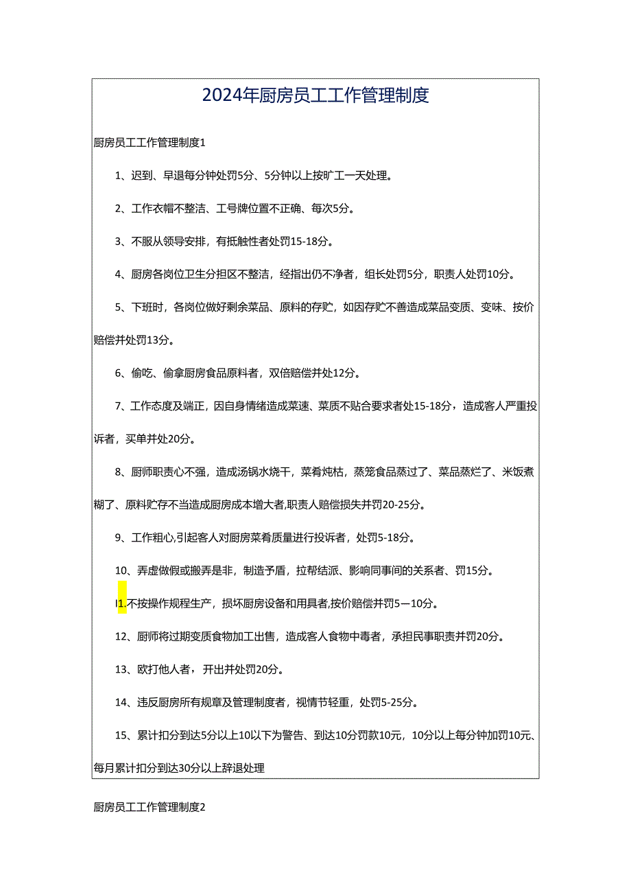 2024年厨房员工工作管理制度.docx_第1页