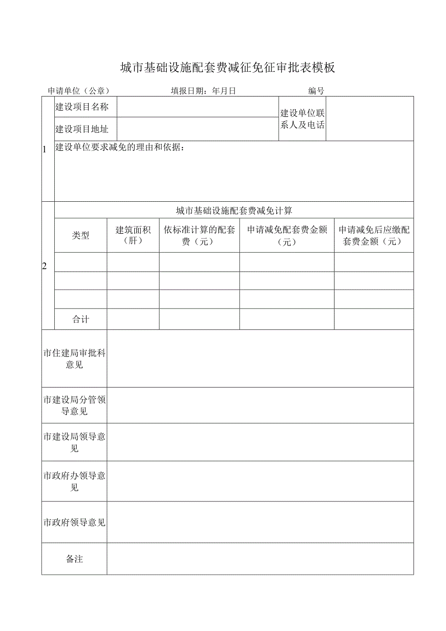 城市基础设施配套费减征免征审批表模板.docx_第1页