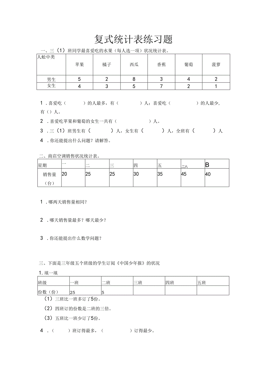 3--4复式统计表、条形统计图、复式条形统计图 练习题.docx_第1页