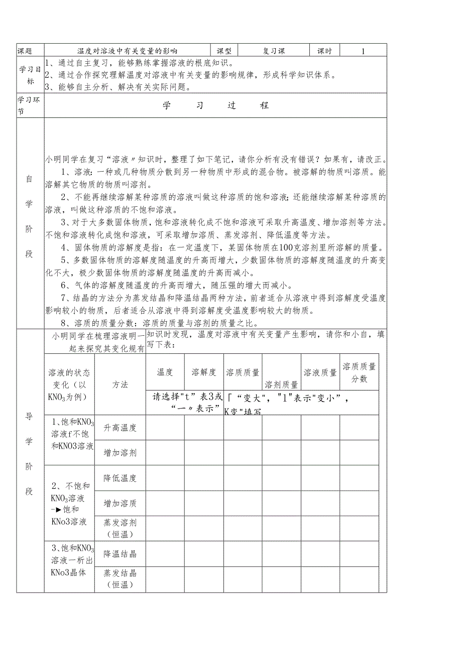 人教版九年级下册 第九单元 溶液 课题2 溶解度温度对溶液中有关变量的影响专题导学案.docx_第1页