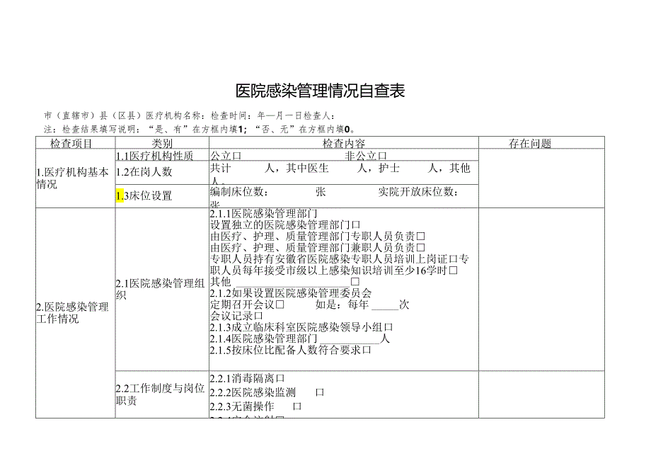 医院感染管理自查表.docx_第1页