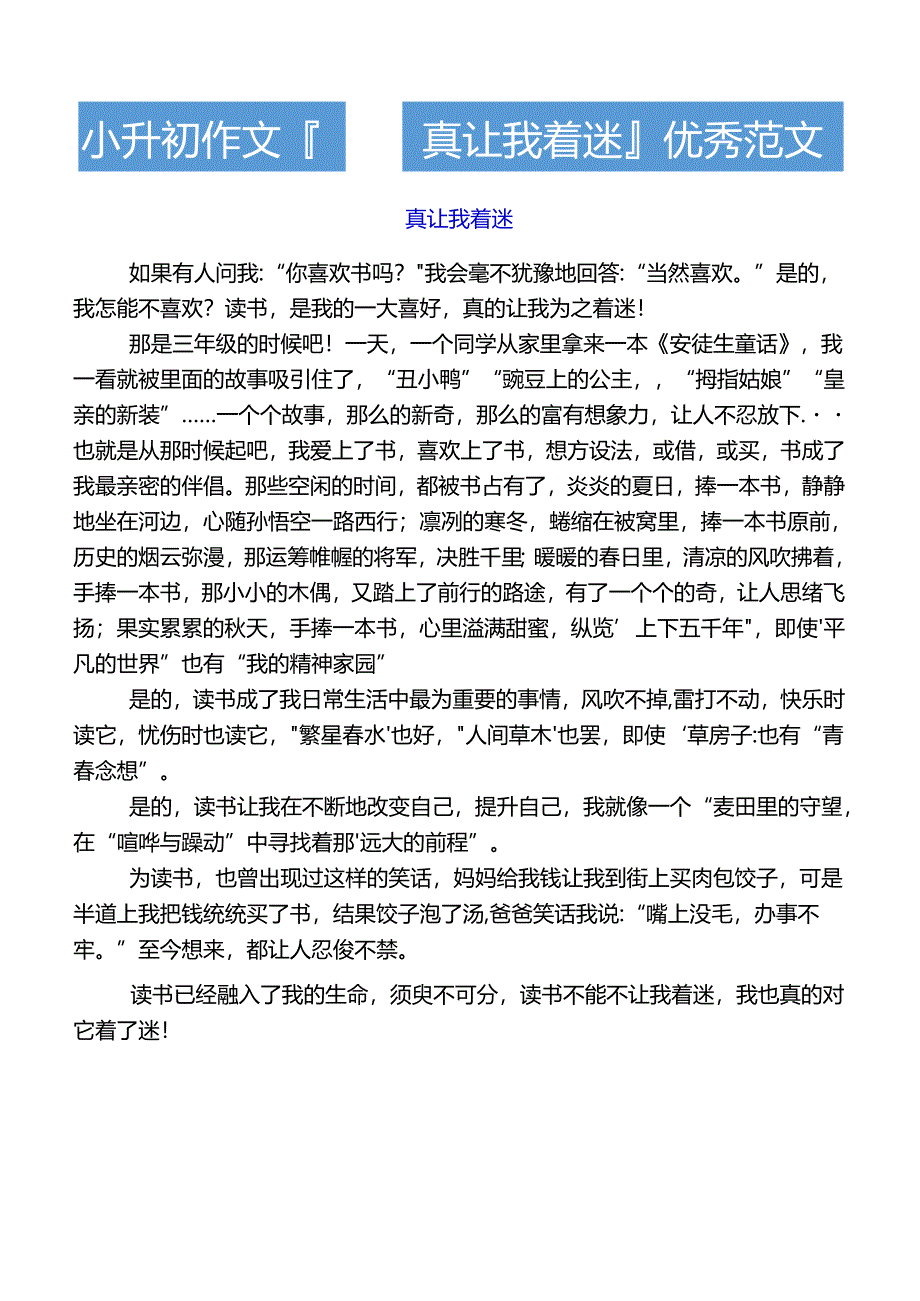 小升初作文___真让我着迷优秀范文.docx_第1页