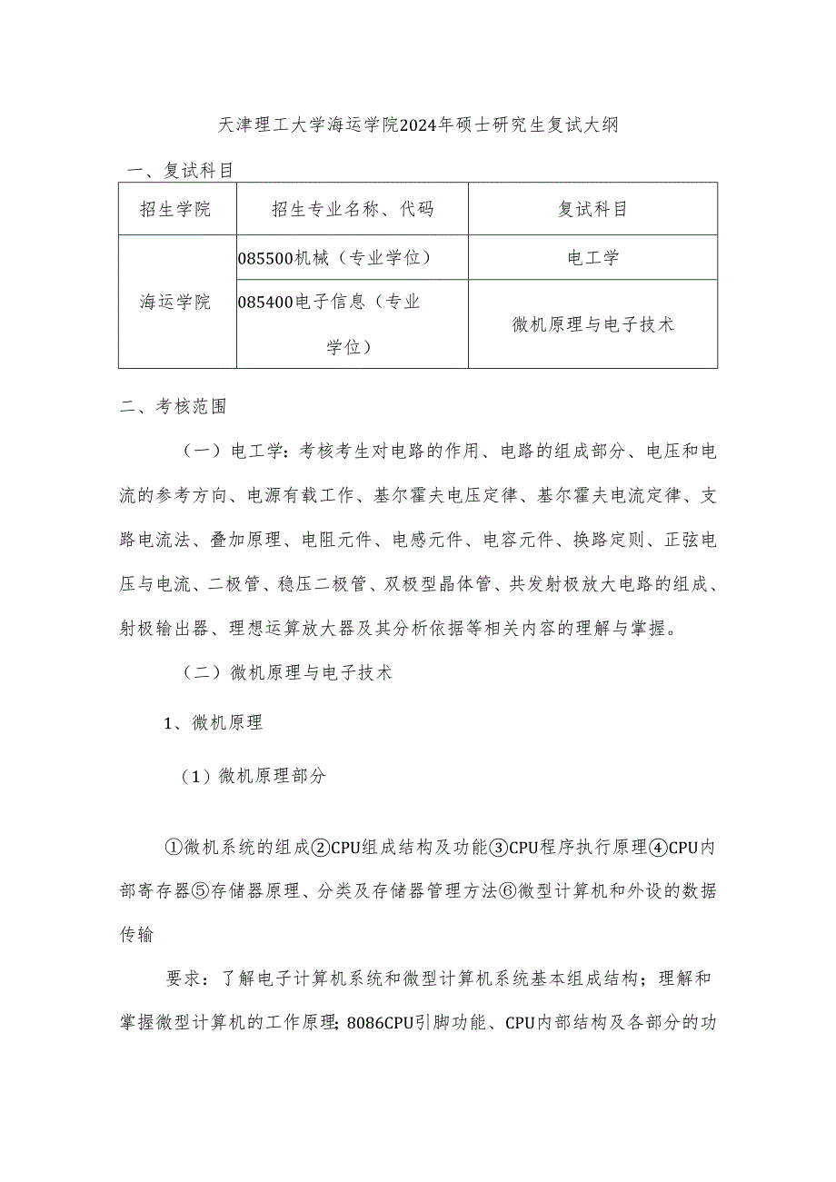 天津理工大学2024年硕士研究生招生考试复试大纲 海运：海运学院-复试大纲.docx_第1页