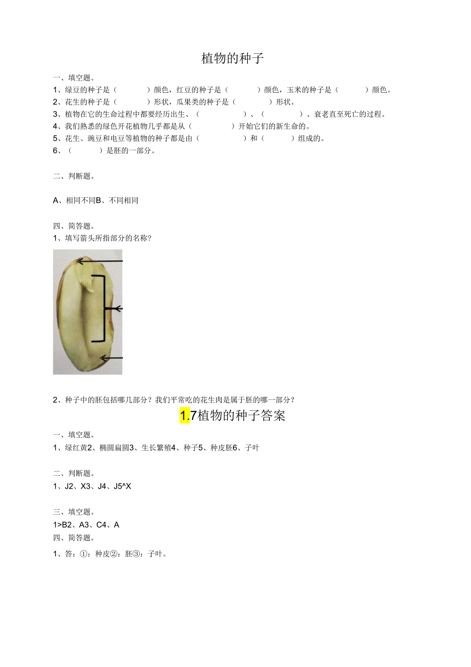 小学科学粤教粤科版四年级上册《植物的种子》练习（含答案）.docx_第1页