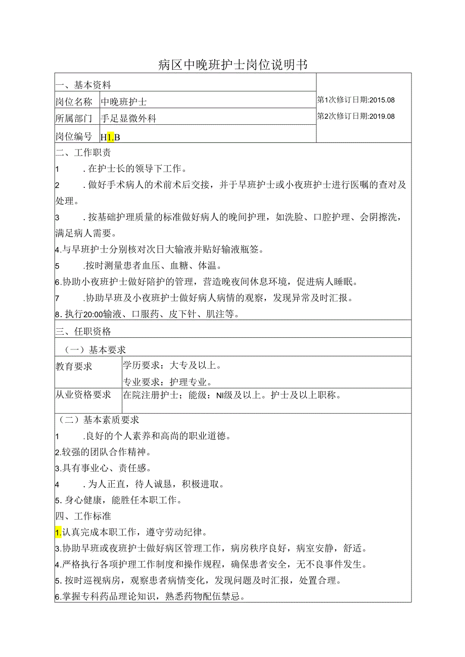 病区中晚班护士岗位说明书.docx_第1页