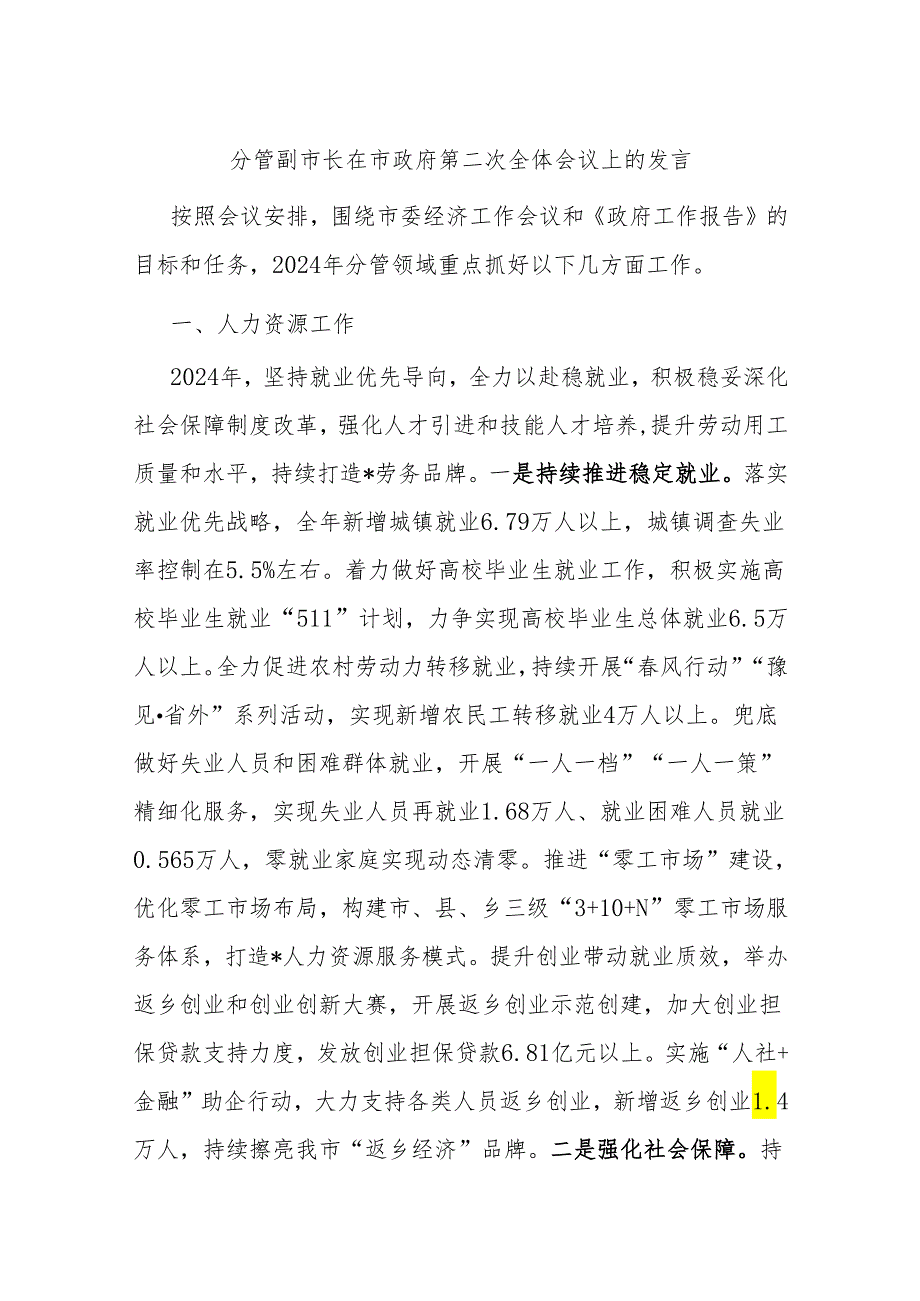 分管副市长在市政府第二次全体会议上的发言.docx_第1页