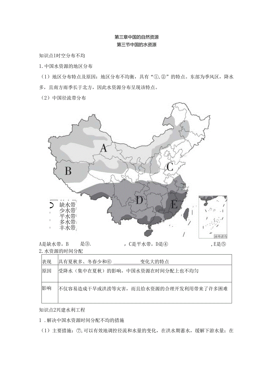 第三节 中国的水资源 要点归纳（含答案）.docx_第1页